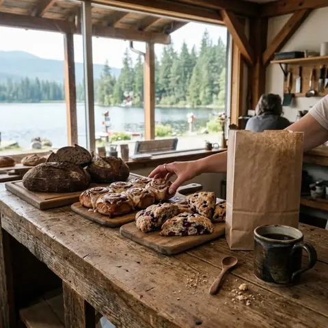 A bakery counter with cinnamon rolls and scones, a lake out the window.