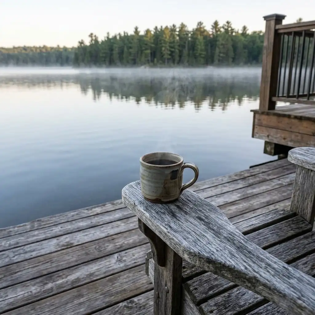 A mug of coffee on a dock chair beside a misty lake at dawn.