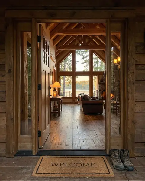 The cabin’s front door standing open, the lake visible through the far windows.