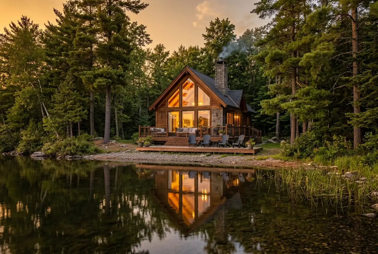 A lakeside cabin with lit windows among pine trees at dusk.