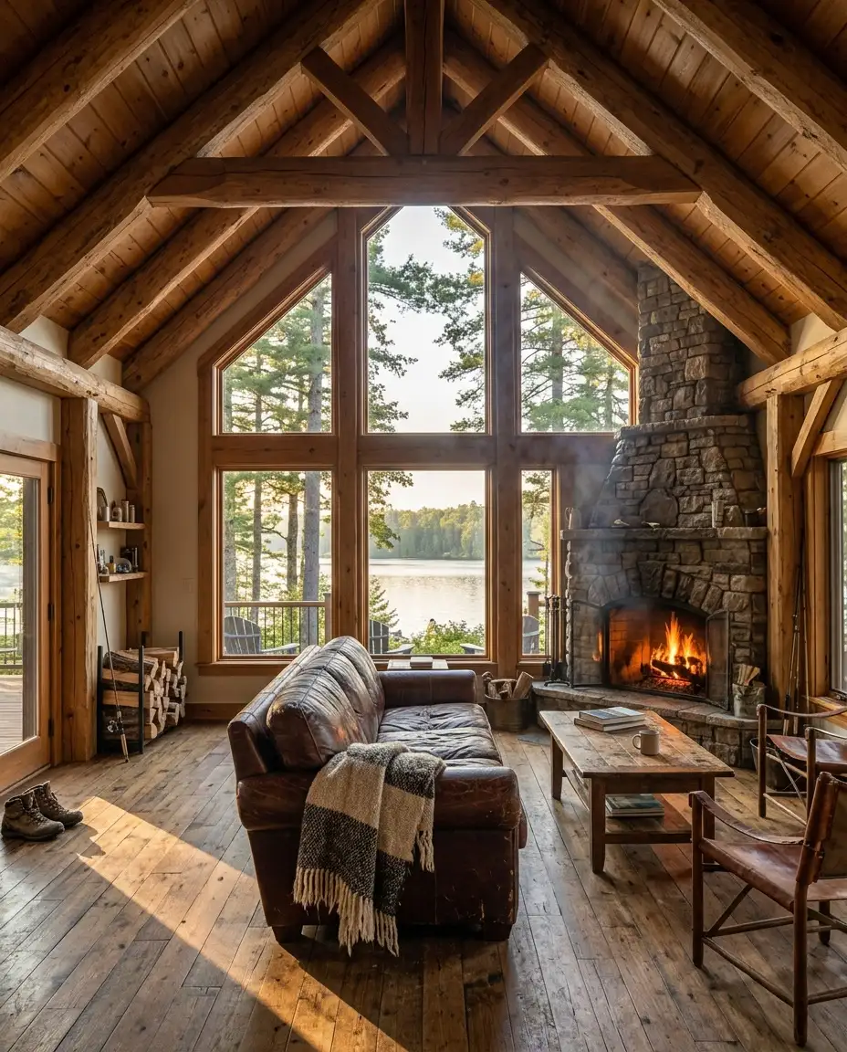 A timber-framed cabin living room with a stone fireplace and tall windows onto a lake.