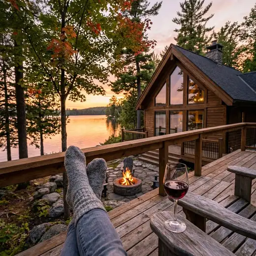 Socked feet on the deck rail at sunset, a glass of wine, the lake turning orange.
