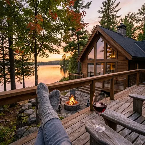 Wool socks on a deck rail at sunset, a fire pit glowing by the lake.