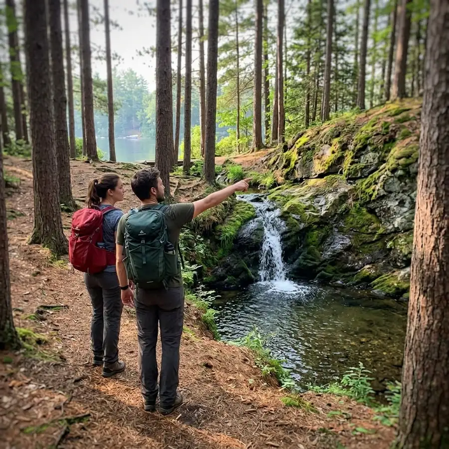 Two hikers reaching a small waterfall on a pine trail.