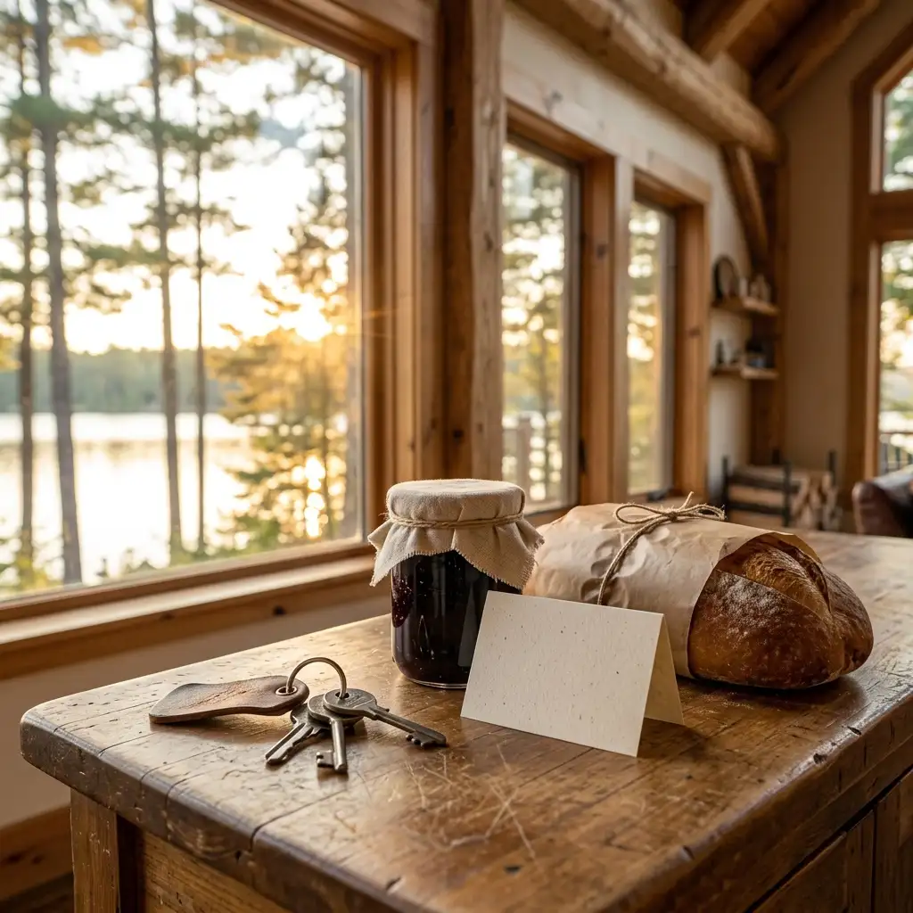 House keys, a jar of jam, a loaf of bread and a note card on a cabin kitchen counter.